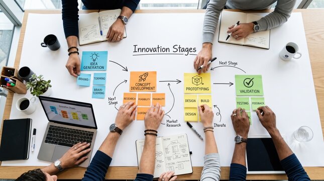 Team brainstorming innovation stages workflow with sticky notes on table including idea generation prototyping and validation for creative process