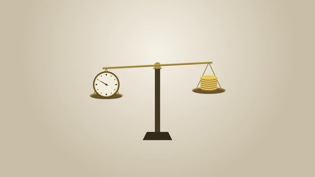 3d animation loop, scales balancing clock and gold coins, time is money concept, cost estimation