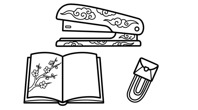 Flat design illustration of a stapler, open book with floral branch, and paperclip with envelope on white background
