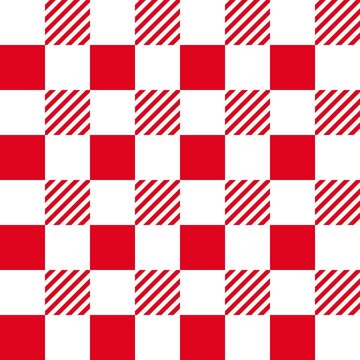 Red and white seamless checkerboard pattern with alternating solid squares and diagonal stripes, creating a bold geometric background for fabric, wrapping paper, textile, wallpaper and packaging.