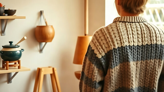 Person in chunky knit sweater beside carved wooden alphorn and fondue pot, alpine lifestyle display concept