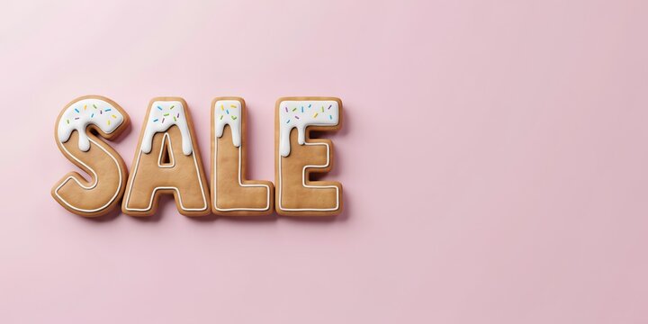 Gingerbread cookies shaped like the word sale with white icing on a light pink background
