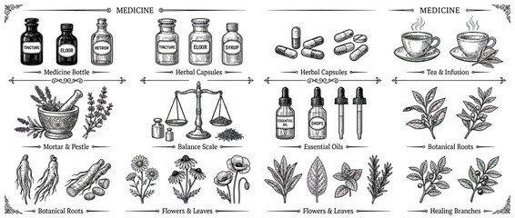 Fototapeta premium Vintage Medicine Collection: Bottles, Herbs, and Remedies