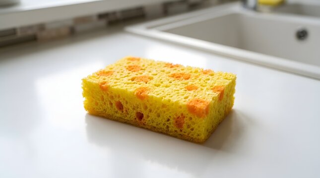 Close up of a yellow kitchen sponge with colorful cleaning particles on a white countertop