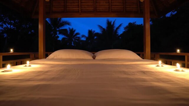 Romantic Outdoor Retreat: Serene Bed in a Tropical Gazebo at Dusk, Lit by Warm Candlelight
