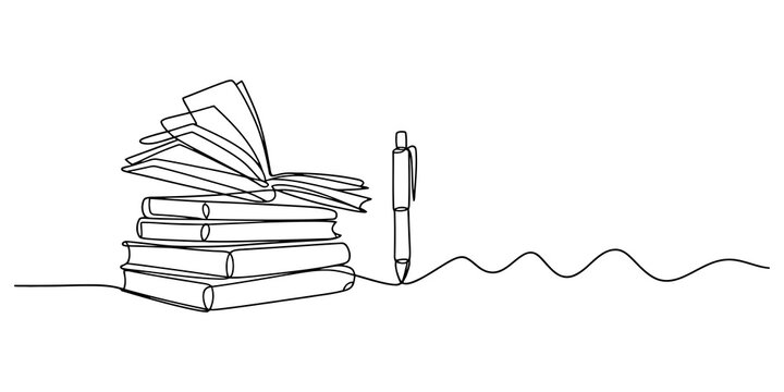 Continuous line drawing of a stack of books and a pen