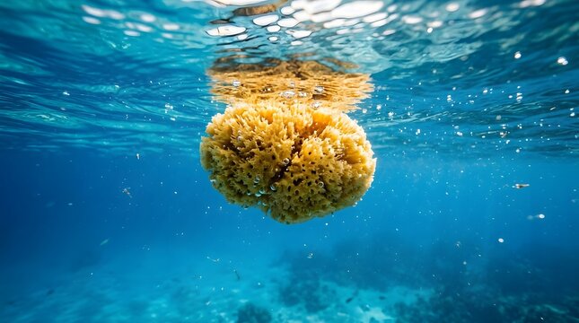 Person submerged underwater releasing a yellow sponge with bubbles rising towards the surface in a clear aquatic environment