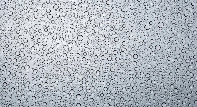 Clear water drops on glass surface, fresh rain droplets on window background, silver condensation texture for web design