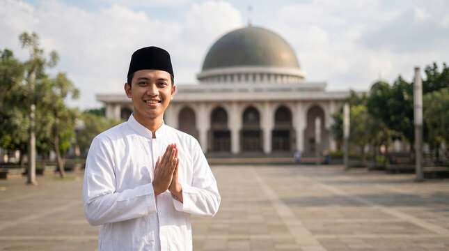 Happy Muslim Youth Wearing Black Peci Expressing Welcome and Forgiveness Gesture with Blurred Large Mosque Dome Behind