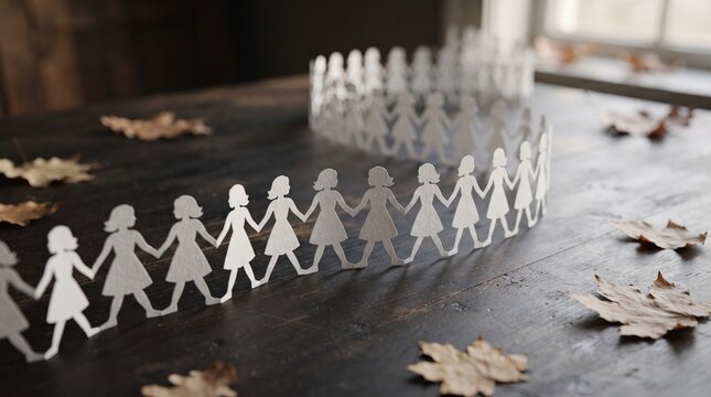 Paper doll chain holding hands on a wooden table with autumn leaves  