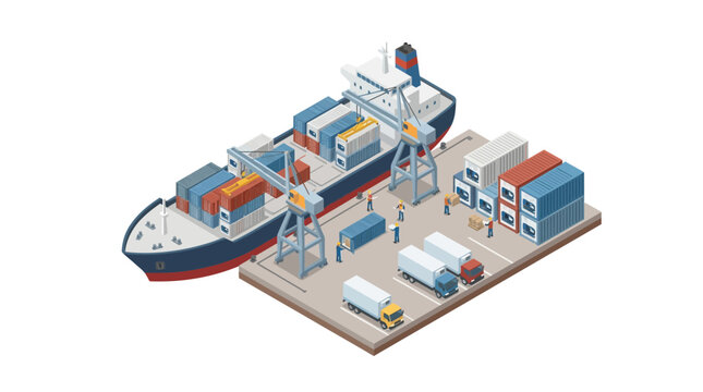Cargo ship docked at an isometric seaport terminal loading shipping containers onto transport trucks for global logistics.