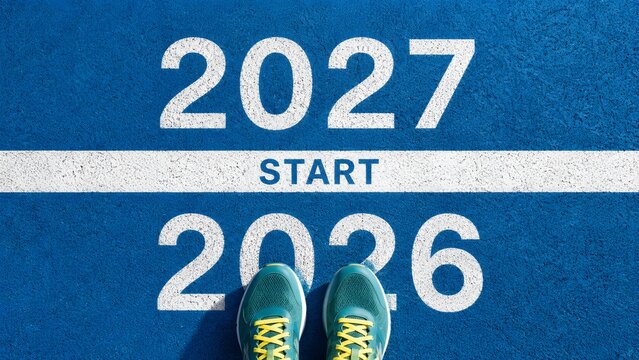 Athletic Running Shoes On Blue Track Line Ready To Start Transition From 2026 To 2027