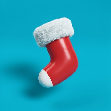 Red christmas stocking with white fluffy trim floating against a solid blue background