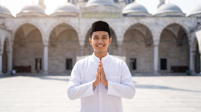 Young Devout Muslim Male Smiling Warmly with Eid Mubarak Greeting Posture Outside a Beautiful Historic Stone Mosque