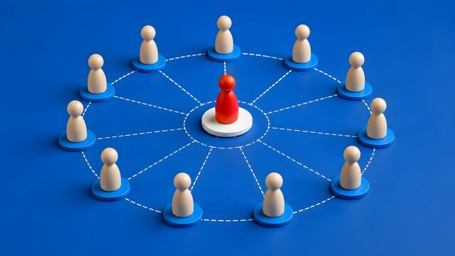 Decentralized Team Management Network With Red Leader Connected To Wooden Peg Dolls