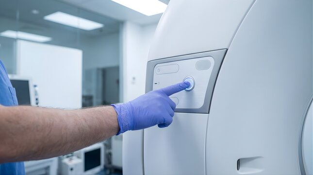Medical technician pressing start button on mri scanner in hospital lab