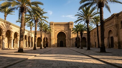Naklejka premium Grand Middle Eastern palace courtyard with palm trees, ornate arches and symmetrical entrance