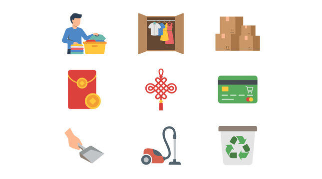 Flat design icon set for home organization, decluttering, and cleaning tasks, including laundry, wardrobe, boxes, and recycling.