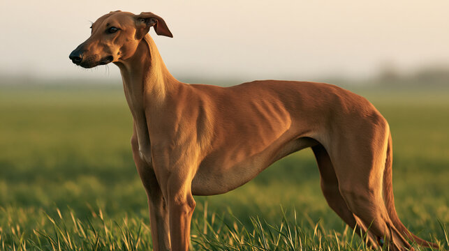 Greyhound standing proud and statuesque on green field, showing lean athletic body, reddish brown coat, alert posture, and calm expression