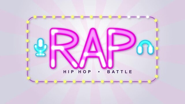 Neon rap music symbol with microphone and headphones, hip hop battle retro abstract concept 3d animation loop