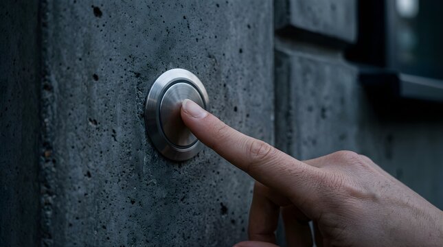 Person pressing a circular metal doorbell on a rough concrete wall