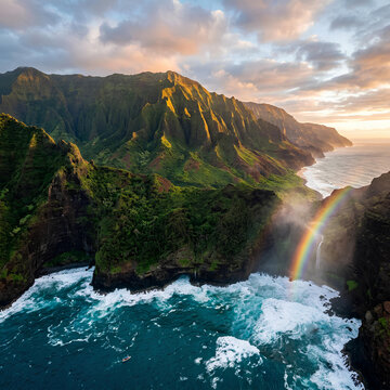 Dramatic Napali Coast Hawaii Aerial View with Rainbow and Waterfall