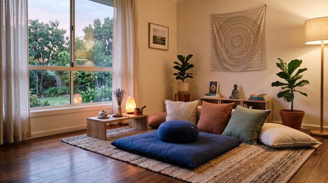Cozy meditation corner with blue zafu cushion, colorful pillows and a mandala wall tapestry in a warm lit modern room