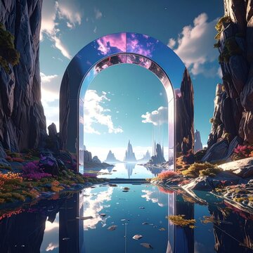 Chrome portal arch reflecting a futuristic city over water
