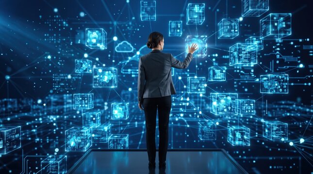 Woman interacting with floating digital cubes interface, blockchain technology and decentralized network concept in futuristic blue environment.