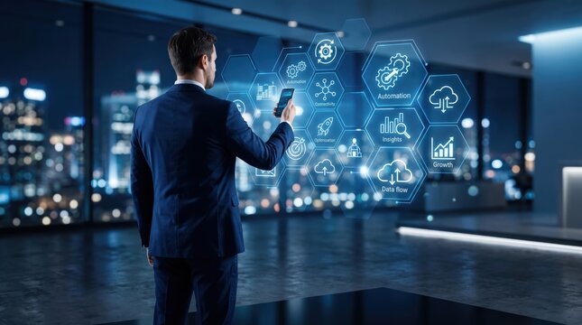 Man using smartphone to control business dashboard, automation and growth analytics concept with city skyline at night background.