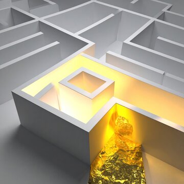 White architectural maze with glowing golden light corridor.