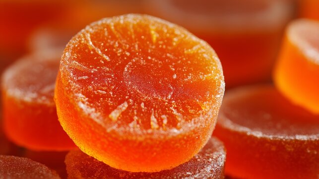 A high-resolution detail shot of the cross-section of a bitten orange gummy candy, showing the dense, chewy interior. It is surrounded by other whole orange candies. The lighting is crisp and