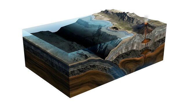 A detailed geological cross section diagram of plate tectonics isolated on white