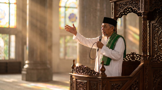 Senior Muslim Scholar with a Green Scarf Holding a Microphone Delivering a Religious Lecture from a Carved Wooden Pulpit