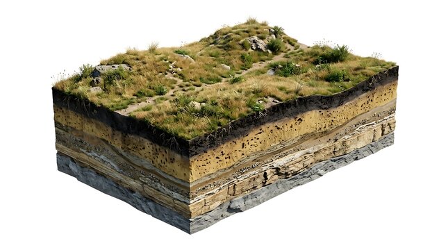 Cross section of earth soil layers with green grass surface isolated view