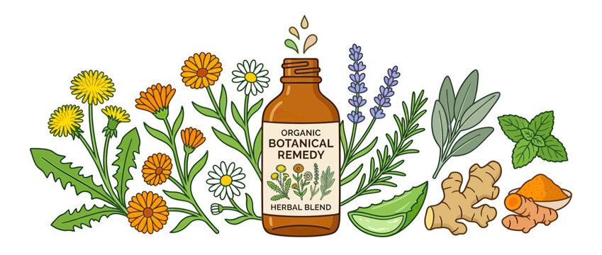 Herbal Remedy Bottle Surrounded by Assorted Botanicals