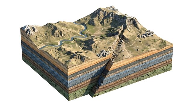Cross section of geological layers with a mountain landscape isolated on white