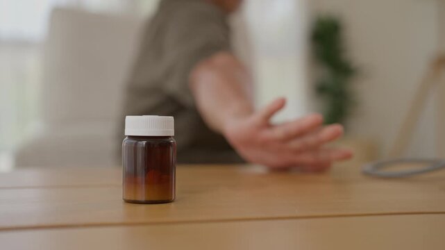 Medicine bottle on wooden table, blurred person reaching hand, medication, healthcare treatment, prescription pharmacy, illness concern and medication safety in home setting