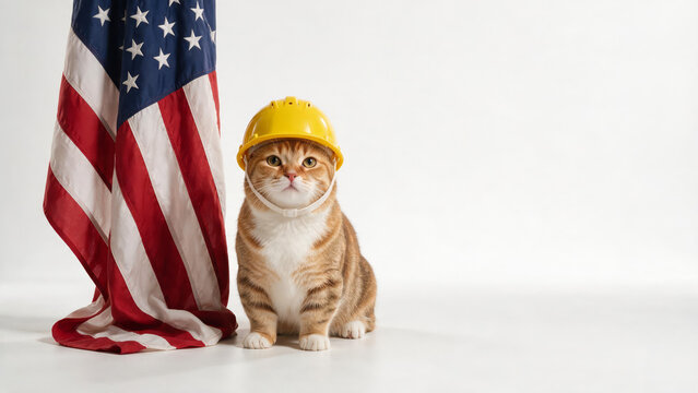 Professional Cute Tabby Cat Wearing Yellow Construction Hard Hat Animal Photography