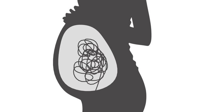 Pregnant woman silhouette with tangled scribble inside the belly. Anxiety, worry, stress, fear, doubt, uncertainty, mental health, psychology, emotion, prenatal care, motherhood, support and therapy.