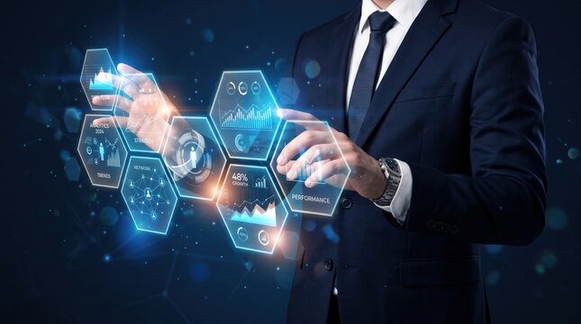 Business executive in a dark suit touching a glowing hexagonal virtual interface displaying data trends, network connections, performance metrics, and growth statistics