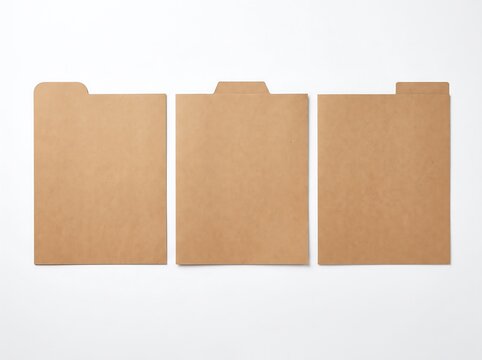 Three empty kraft paper document file folders arranged in a row on a clean white background