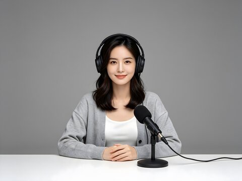 Young woman recording a podcast with headphones in a studio