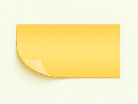 A blank yellow rectangular adhesive sticky note with a curled bottom left corner isolated on a white background