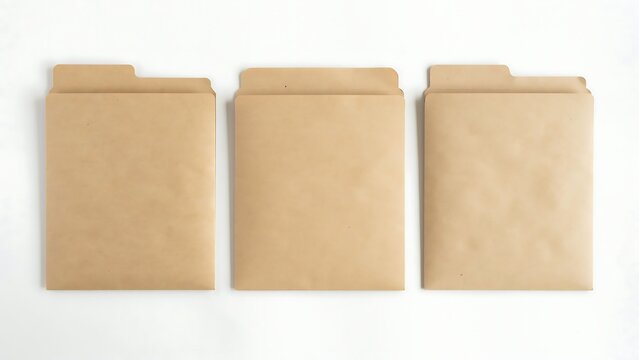 Three blank brown paper folders arranged in a row on a white background