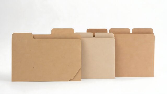 A set of blank brown paper cardboard office folders arranged on a white background