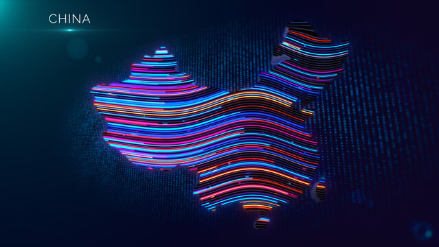 Stylized China map featuring luminous multicolor waves, deep blue particle grid, dimensional extrusion, and clean China text for a futuristic digital technology composition.