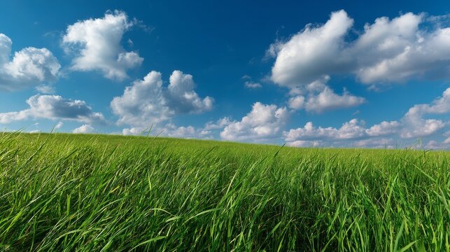 A classic, idyllic landscape stock photo of a vast, rolling meadow covered in vibrant, lush green grass. The grass blades in the foreground are sharp and detailed. The horizon line is low, revealing