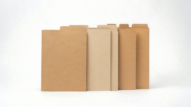 A set of blank recycled brown cardboard paper file folders isolated on a white background