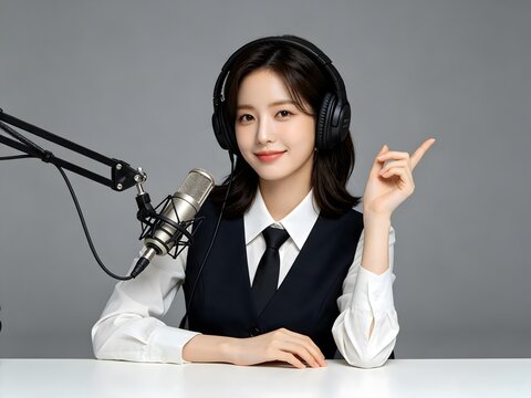 Asian woman podcasting and pointing at a studio microphone
